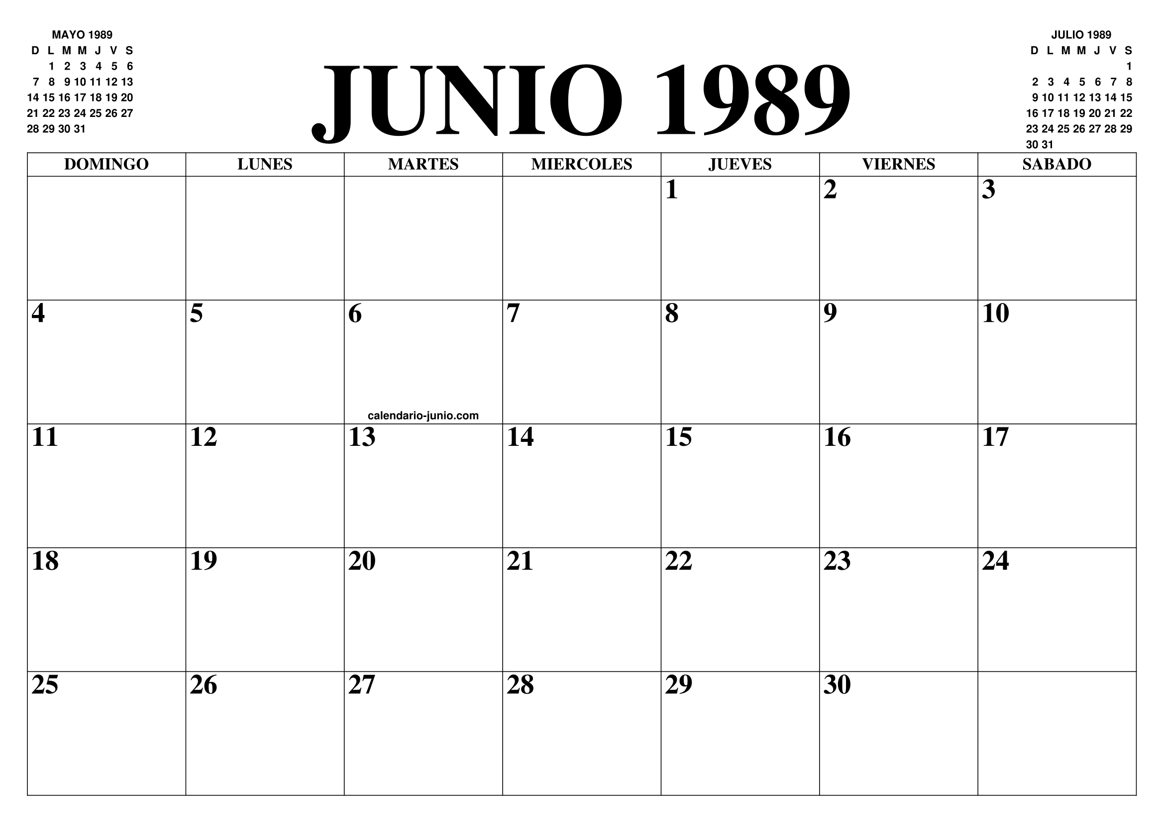 CALENDARIO JUNIO 1989 EL CALENDARIO JUNIO PARA IMPRIMIR GRATIS MES