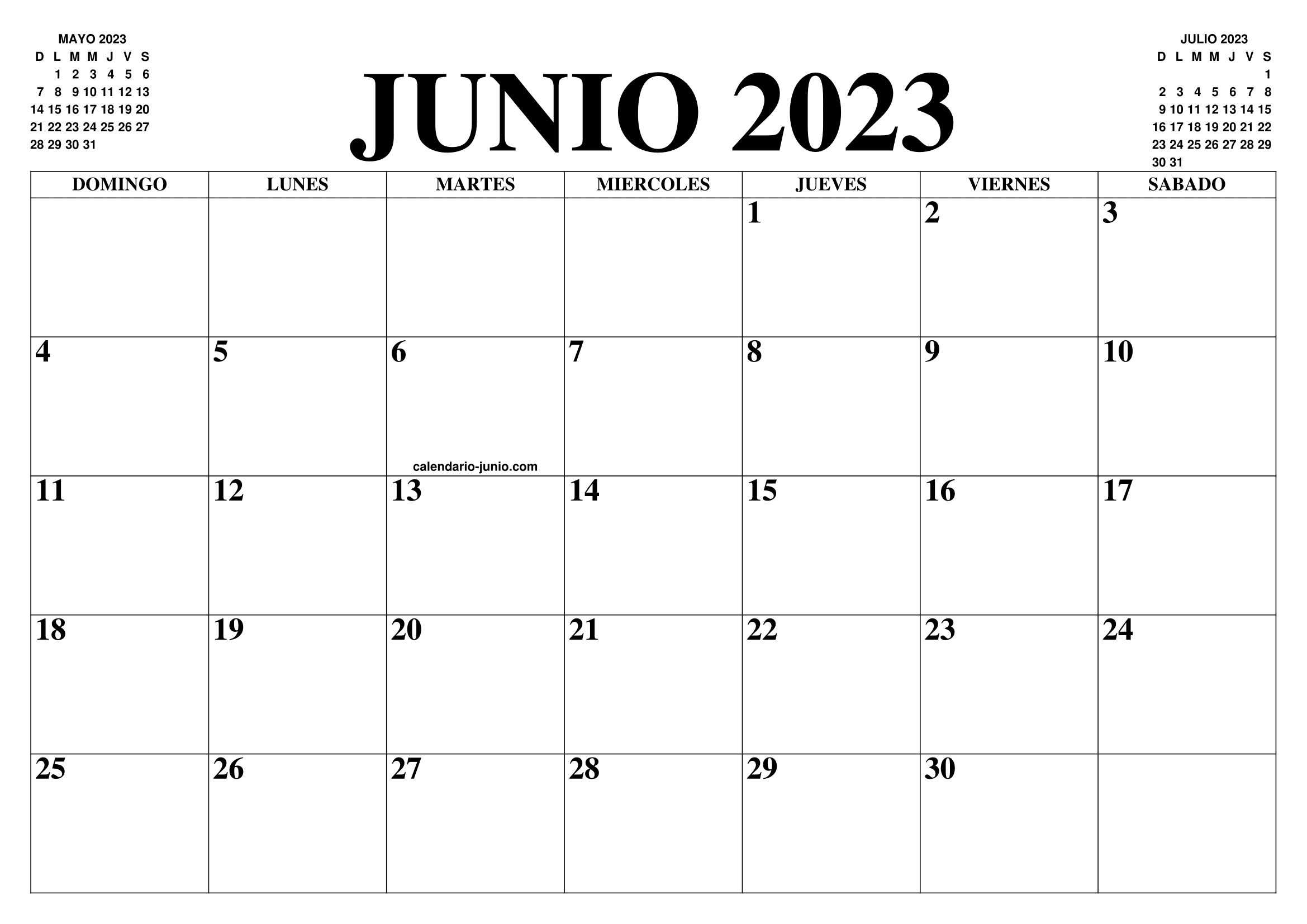 Calendario para imprimir junio 2023