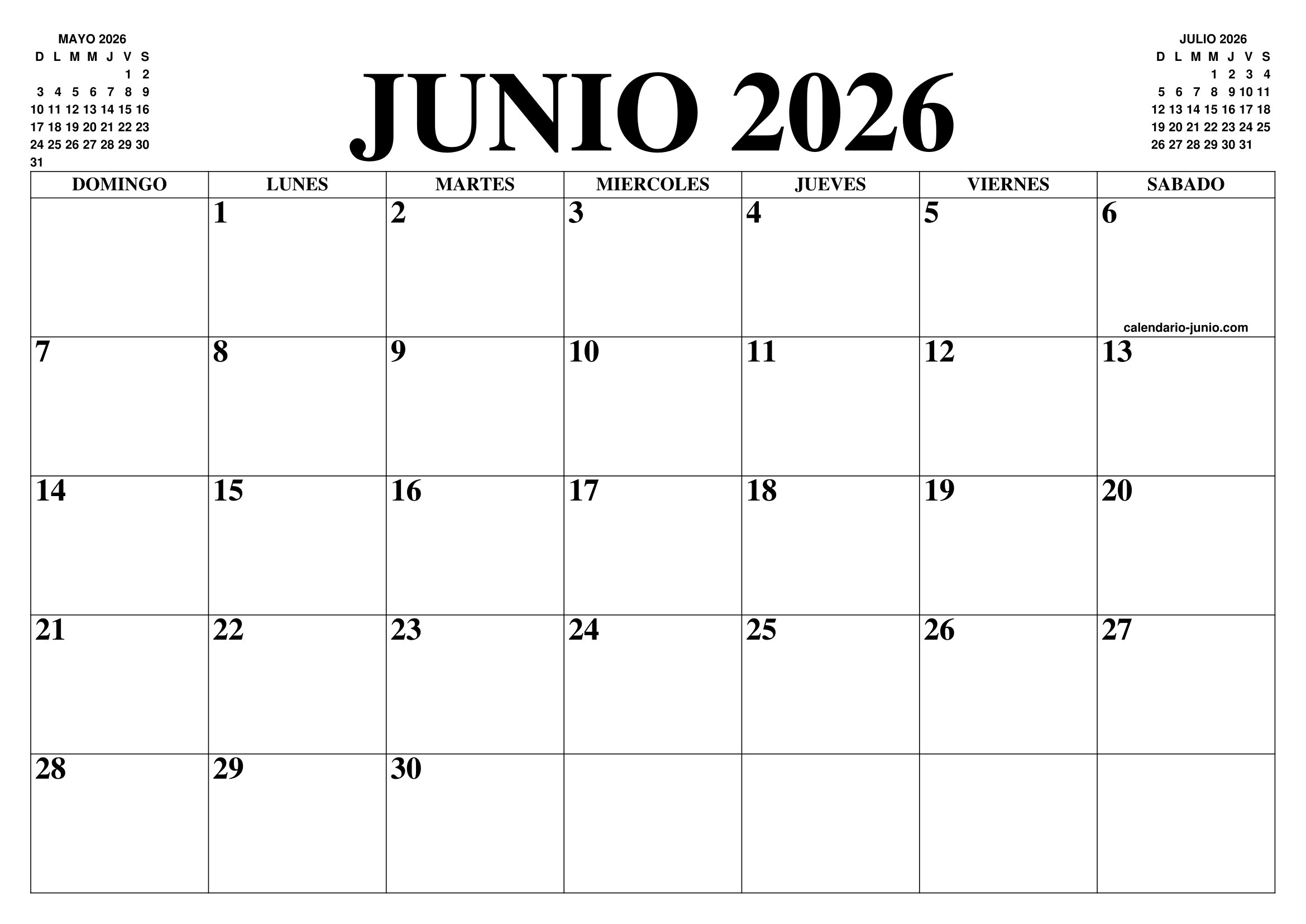 CALENDARIO JUNIO 2026 EL CALENDARIO JUNIO 2026 PARA IMPRIMIR GRATIS 